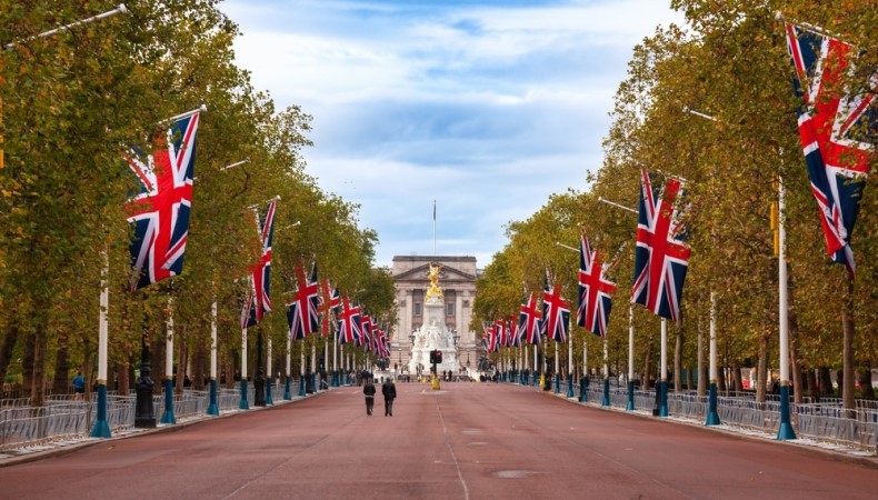 View down The Mall in London with Union Jack flags
